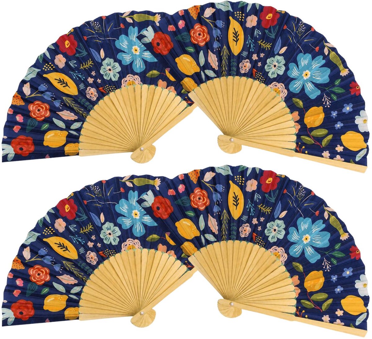 Spaanse hand waaier - 4x - bloemen - blauw - 21 cm - bamboe/papier