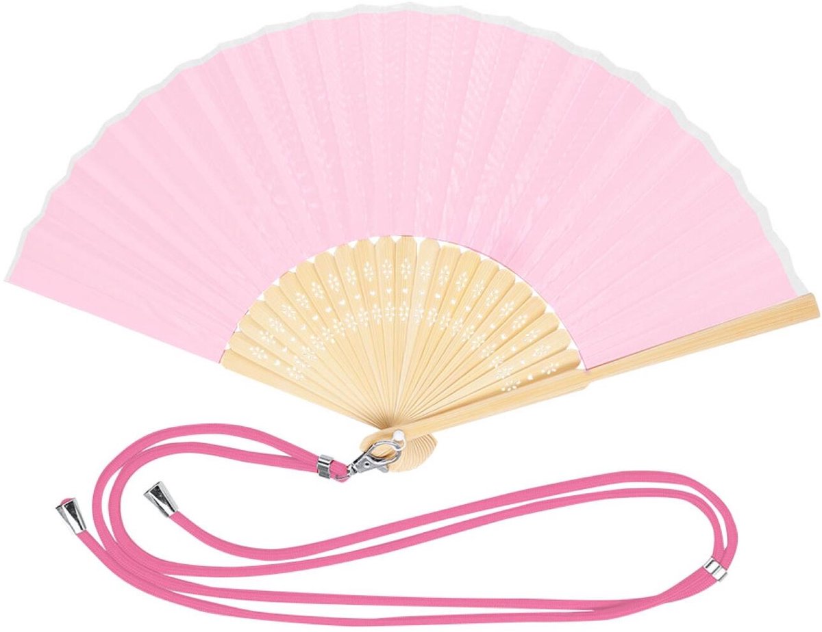 Bellatio Design Spaanse handwaaier - roze - bamboe/polyester - 38 x 21 cm - met nekkoord - festival waaier