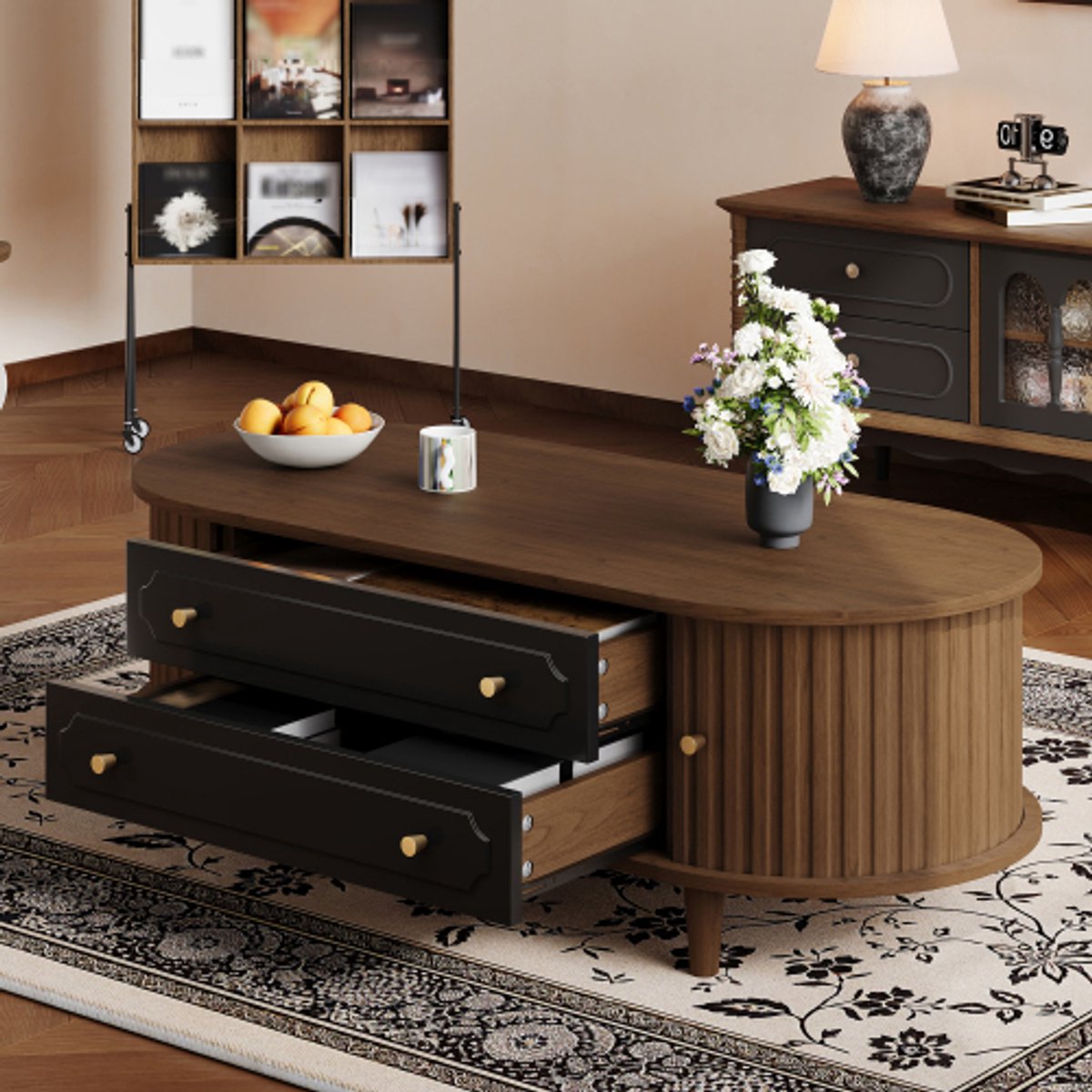 Lemlit Ovale Salontafel - Koffietafel en Bijzettafel met Opbergruimte, 2 Lades en 2 Roldeuren - 100x50x36 cm - Walnoot/Zwart