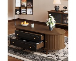 Lemlit Ovale Salontafel - Koffietafel en Bijzettafel met Opbergruimte, 2 Lades en 2 Roldeuren - 100x50x36 cm - Walnoot/Zwart