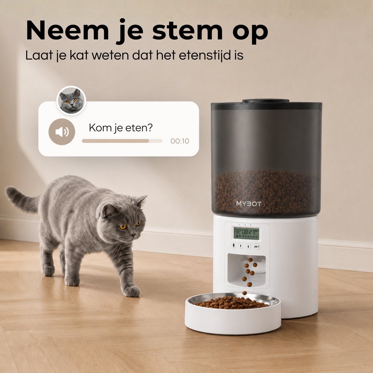 MYBOT Automatische Voerbak - Kat en Hond - Voerautomaat 4L - Met RVS Voerbak en Spraakopname - Voor Droogvoer - Wit - P2 thumbnail 4