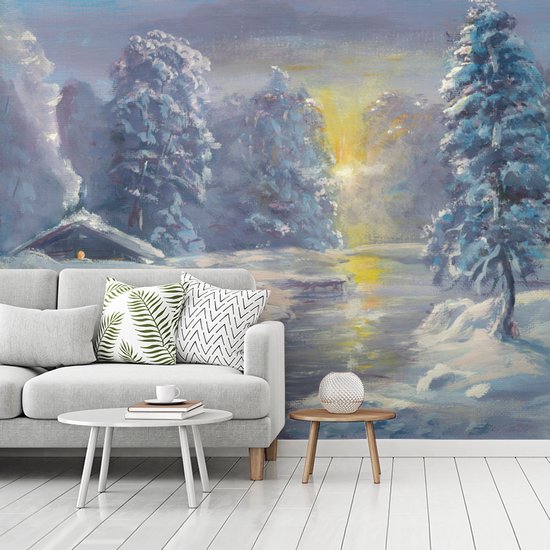 Papier peint photo peint vinyle - Une illustration d'une forêt d'hiver largeur 275 cm x hauteur 220 cm - Tirage photo sur papier peint (disponible en 7 tailles)