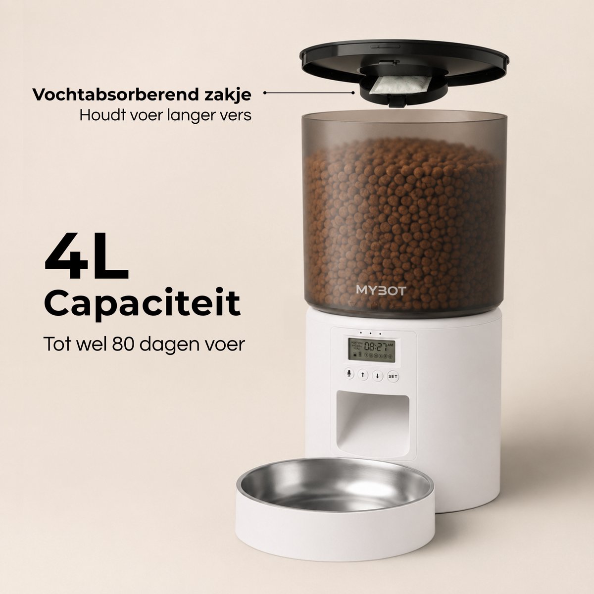 MYBOT Automatische Voerbak - Kat en Hond - Voerautomaat 4L - Met RVS Voerbak en Spraakopname - Voor Droogvoer - Wit - P2 thumbnail 3