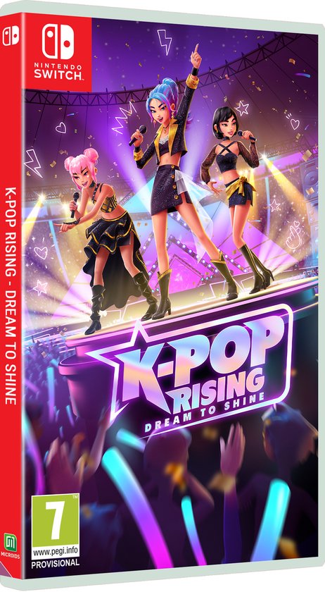 Nintendo Switch hoesje voor K-Pop Rising: Dream to Shine, met drie zingende K-pop meiden op podium.