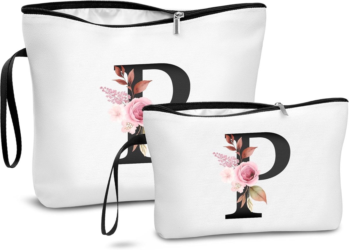 make-uptas met letters, 2-delige set, toilettas voor dames, reisbenodigdheden, gepersonaliseerd cadeau-idee met alfabet, cadeau voor vrouwen, moeders als verjaardagscadeau, P, A-Z letters