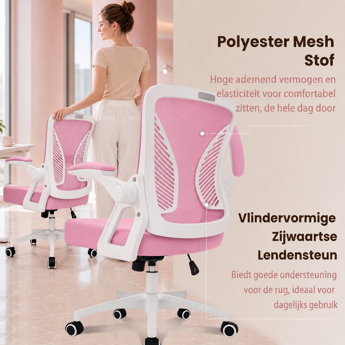 Milacyee Bureaustoel - Ergonomische Bureaustoel – Verstelbare Gaming/Computerstoel met Mesh Rug & Lendensteun – 90° Opklapbare Armleuningen – Directiestoel met Stille Wieltjes – Tot 130 kg Belasting - Roze - Geschikt voor thuiswerk en kantoor – foto 3