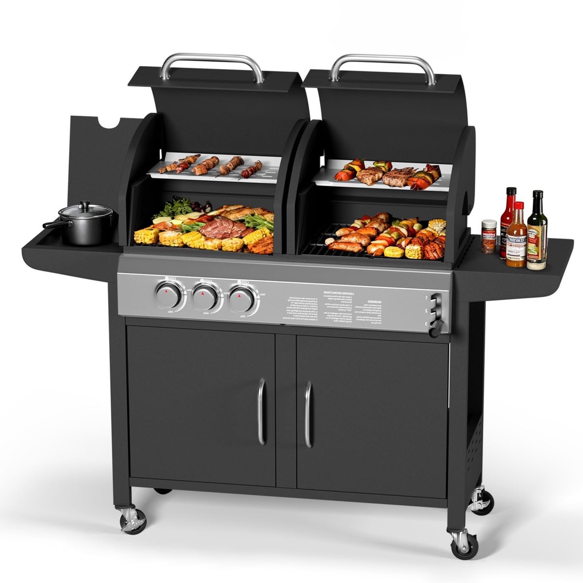 Grote Gas & Houtskool Combibril met Zijbrander - 3 Branders BBQ voor Grote Gezinnen - Buiten Grill met Deksel en Thermometer - 24.000 BTU RVS Barbecue voor Tuinfeest