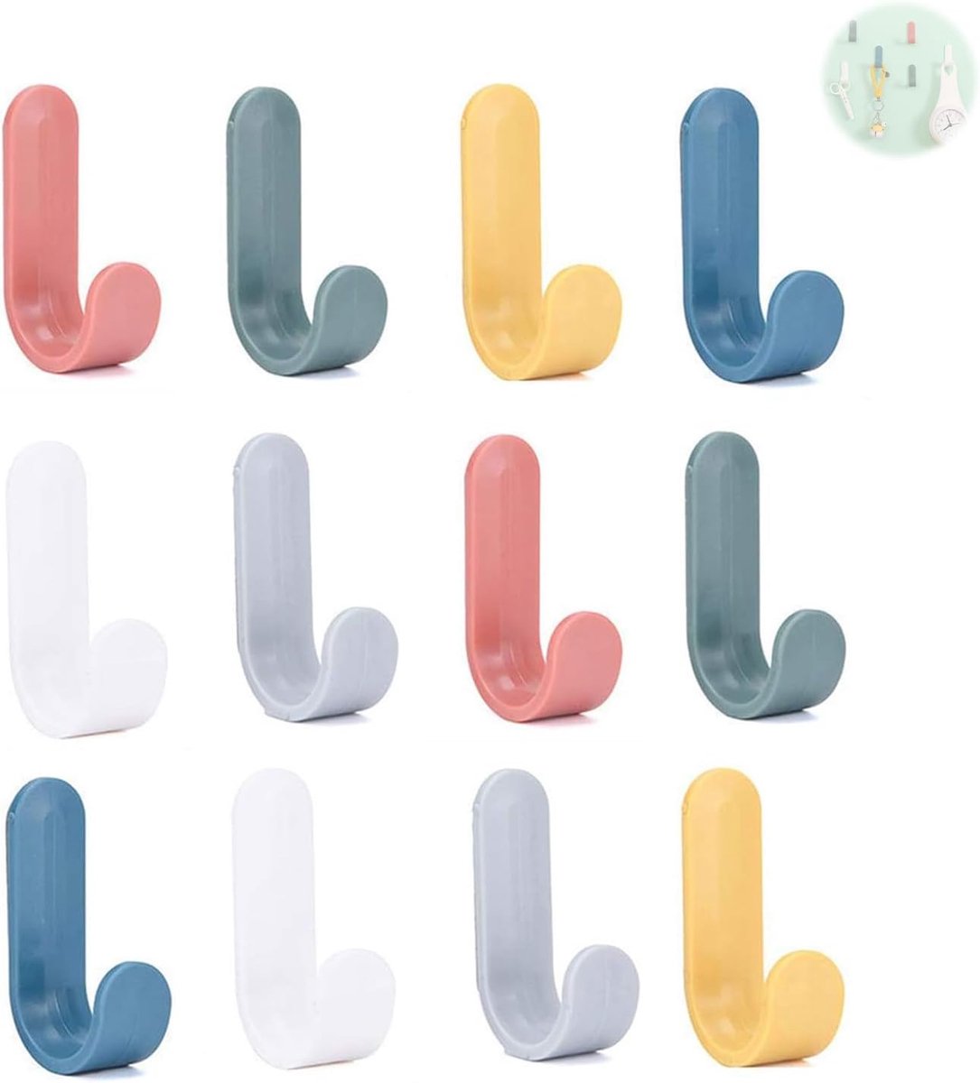 Set van 12 zelfklevende haken, kleurrijke wandhaken voor de badkamer, keuken, kinderkamer en kantoor, zelfklevende haken voor kinderen, garderobehaken, kleurrijk voor handdoeken, kleding en