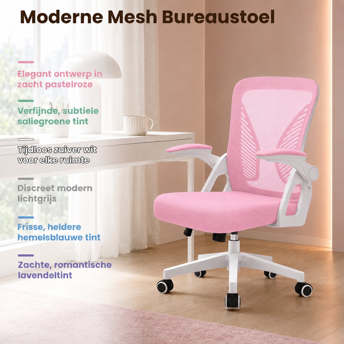 Milacyee Bureaustoel - Ergonomische Bureaustoel – Verstelbare Gaming/Computerstoel met Mesh Rug & Lendensteun – 90° Opklapbare Armleuningen – Directiestoel met Stille Wieltjes – Tot 130 kg Belasting - Roze - Geschikt voor thuiswerk en kantoor – foto 8