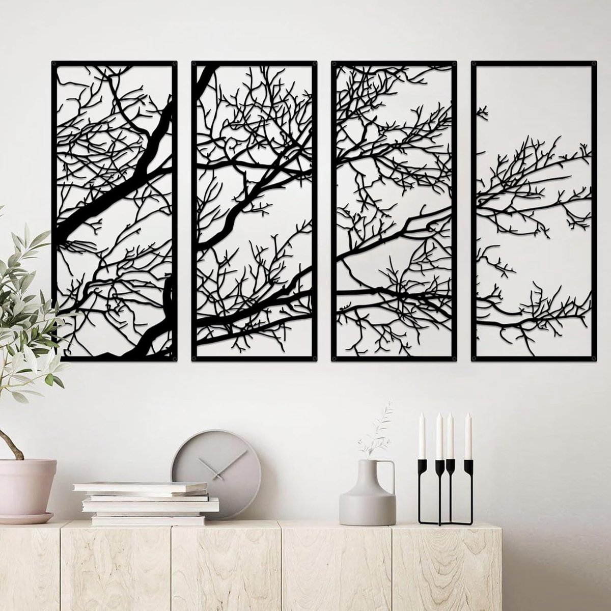 Set van 4 metalen wanddecoraties levensboom - Zwarte boomtak - Wanddecoratie voor binnen en buiten - Woonkamer, tuin, kantoor