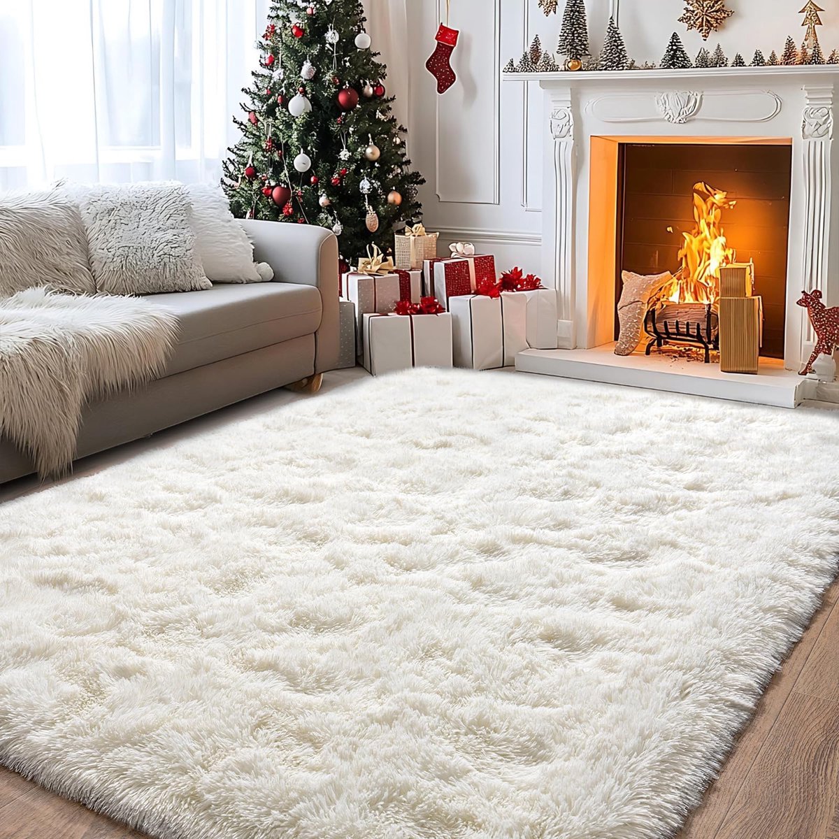 Vloerkleed, 240 x 340 cm, hoogpolig, crème, pluizig, modern woonkamertapijt, antislip, voor slaapkamer en kinderkamer