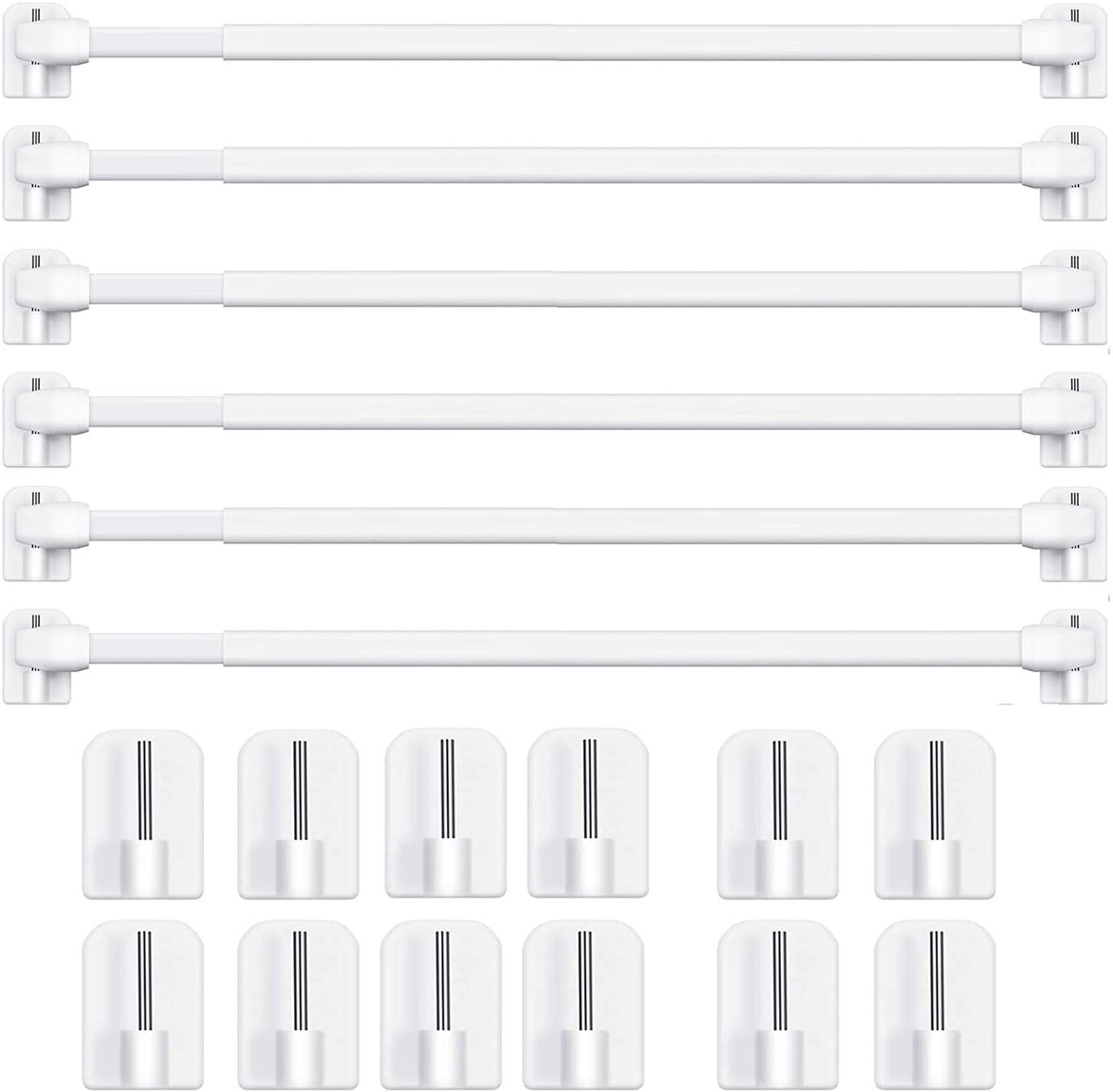 Gordijnroede van kunststof, verstelbaar, uittrekbaar, voor ramen, kaststangen, spanstang, gordijnstangen, zelfklevend (6 stuks - 40-70 cm)