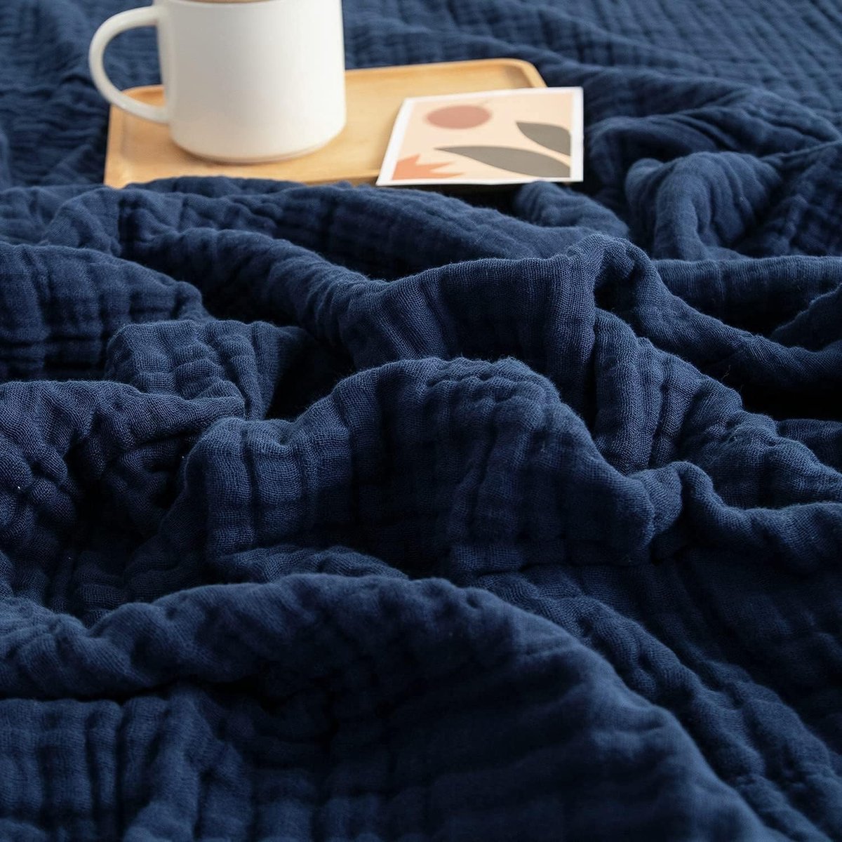 King Size katoenen deken voor bed, zachte mousseline deken 274 x 228 cm, lichtgewicht, ademend, alle seizoenen, marineblauw