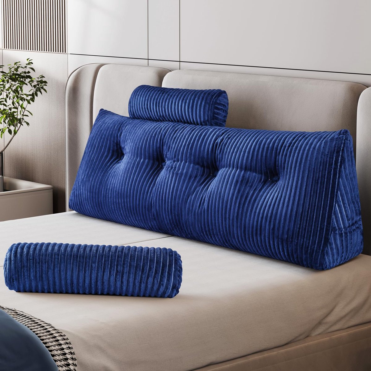 Boekenkussen, wigvormig kussen, leeskussen voor bed en bank, gezellig rugkussen, praktisch zijvak, verwijderbare hoes, met rond hoofdkussen (blauw, 120 x 50 x 20 cm)