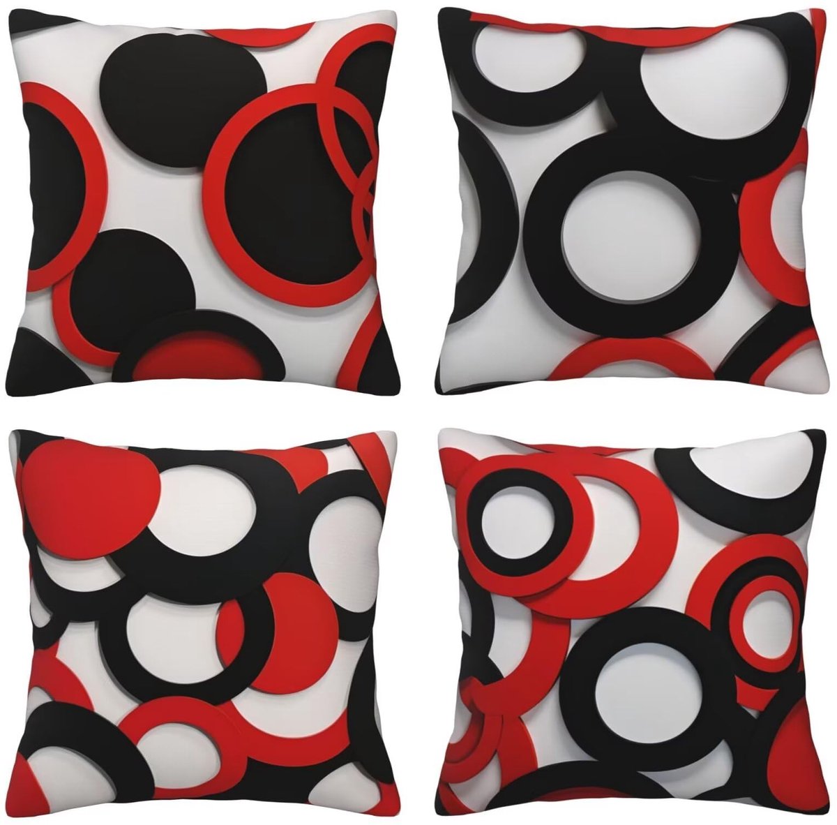 Set van 4 kussenslopen, 65 x 65 cm, cirkel, rood en zwart, kussenslopen, fluweel, zacht, groot, ademend, dubbelzijdig, bankkussen, vierkant, decoratie voor auto, huis, woonkamer, bank, slaapkamer