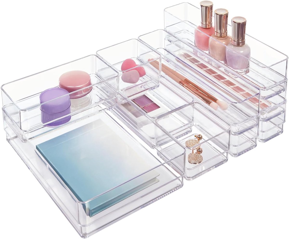 SimpleSort 10-delige stapelbare doorzichtige lade-organizerset | Multi-size trays | Make-up ijdelheid opbergbakken en bureauladeverdelers | Gemaakt in de VS