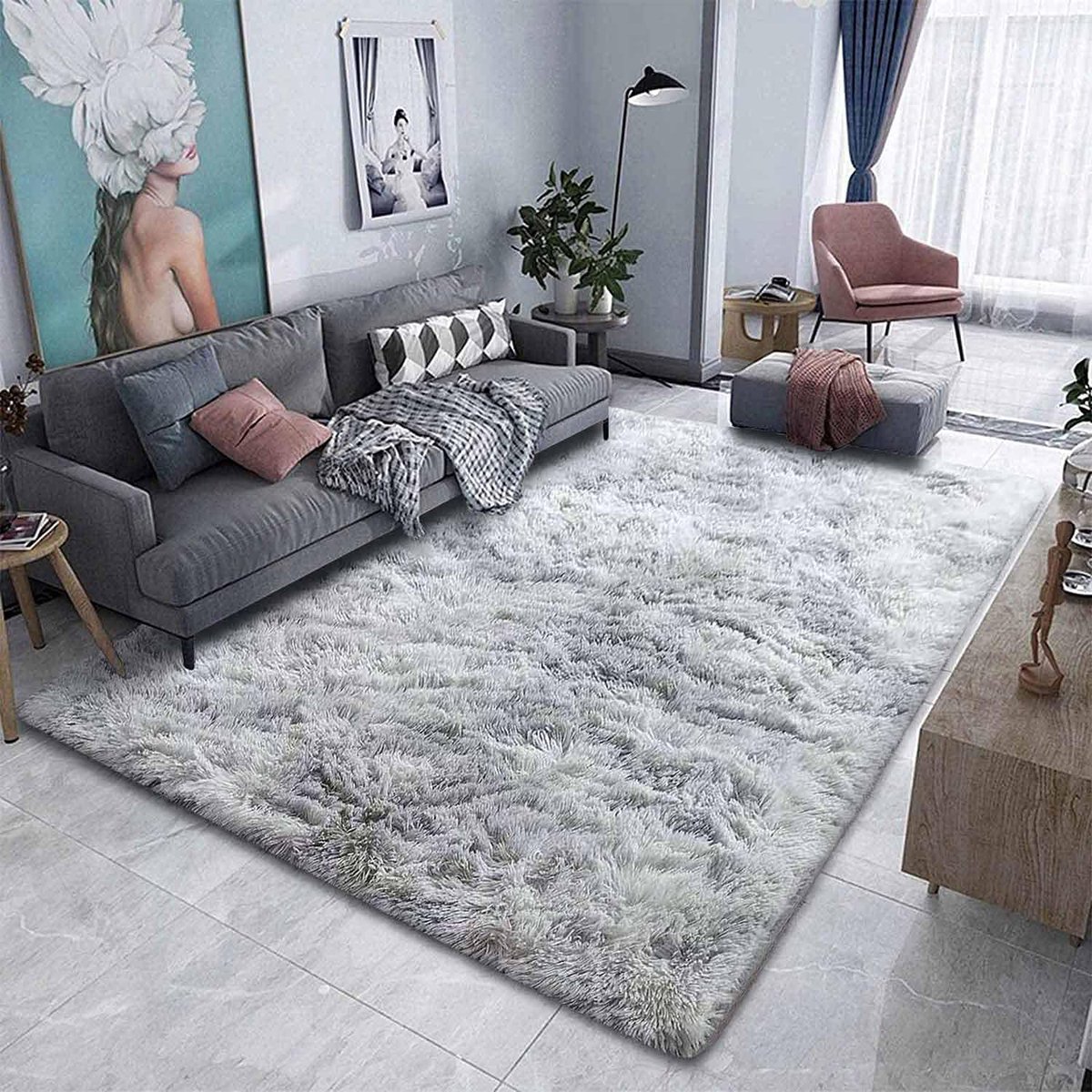 Vloerkleden Woonkamer - Moderne zachte pluizige shaggy vloerkleden voor slaapkamer, kinderkamer, nachtkastje, grote antislip pluche vloerkleden, huisdecoratie (grijs-wit, 200 x 250 cm)
