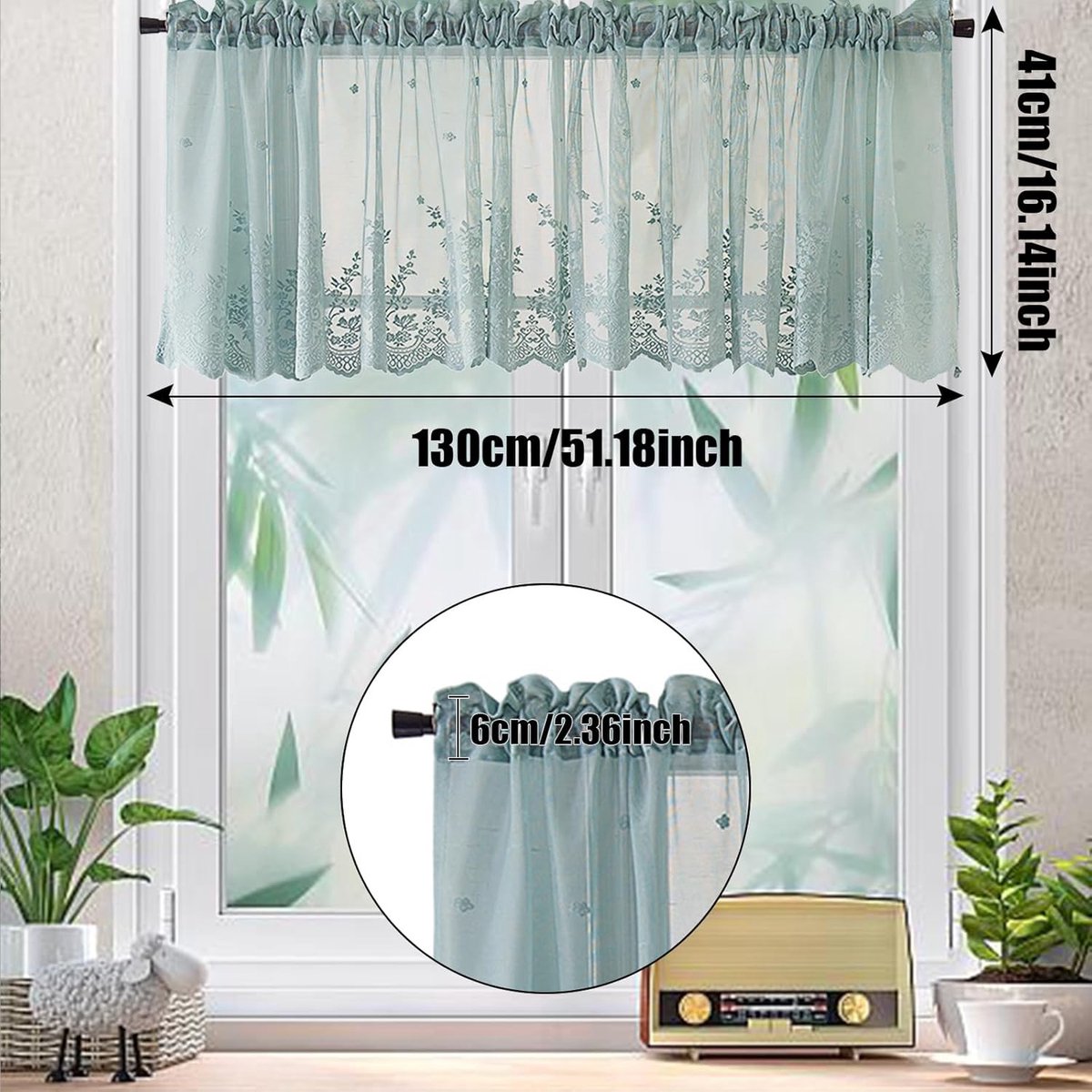Korte Gordijnen van Kant voor Keuken en Woonkamer | Decoratieve Raamdecoratie | 130 x 41 cm (Groen)