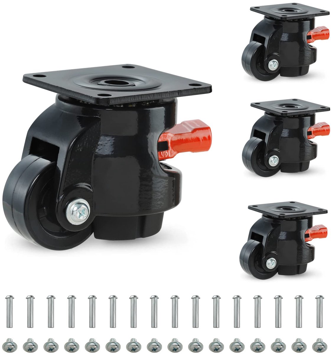 B D WEIBIDA Stelwielen met Verstelbaar Ratelhandvat Ontwerp, 360 Graden Zwenkwielen met Capaciteit 2200 Lbs, Heavy Duty Intrekbare Zwenkwielen voor Werkbank, Machine, Apparatuur, Set van 4, Zwart