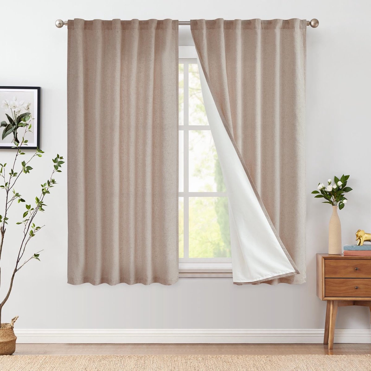 Gordijnen, linnen gordijnen met voering, 140 b x 145 cm (b x h), lengte voor woonkamer, slaapkamer, landhuisstijl, boerderij, modern, lichtfiltering, raamgordijn met verborgen lussen, 2