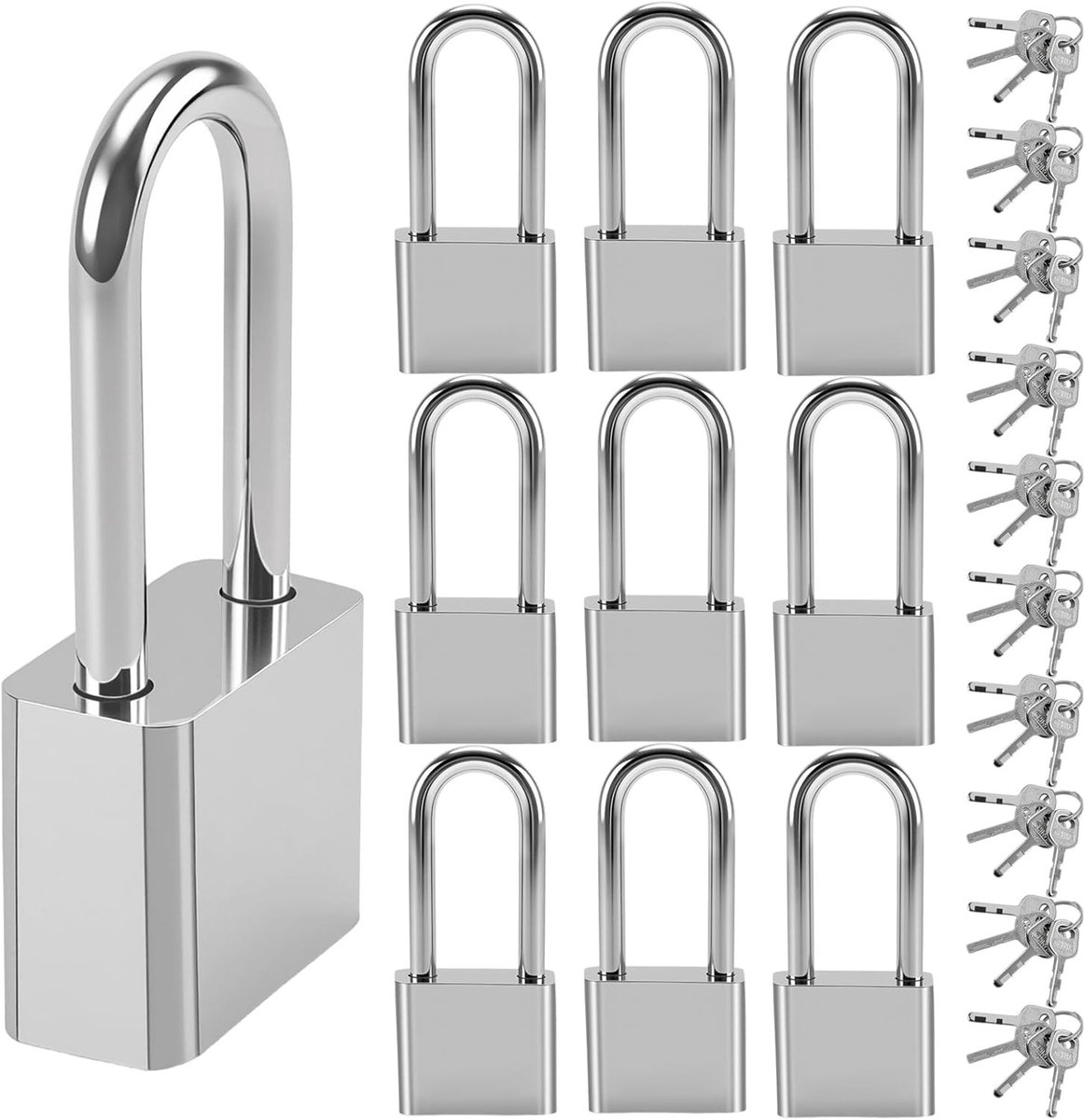 10 Stuks Lange Hangsloten met Sleutel - Stalen Buitenhangsloten voor Schuur, Gym en Poort