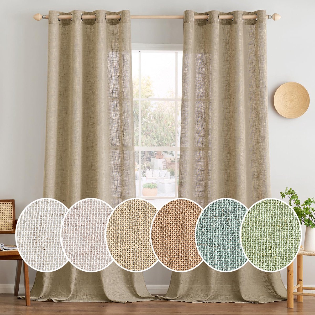 Gordijnen met inslagringen, voile gordijn, kort, modern, linnenlook, halftransparant, gordijn met ogen voor woonkamer, kinderkamer, ruimteverdeler, set van 2, donkerbruin, 225 x 140 cm