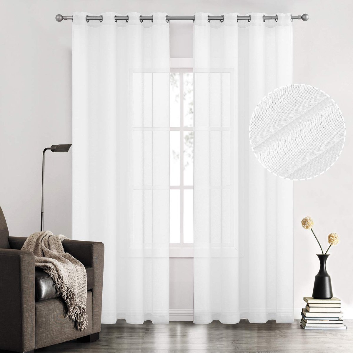 Joy Witte semi-linnen look pure gordijnen voor slaapkamer, woonkamer doorvoertule licht filtering effen voile gordijnen, set van 2 panelen, 52 x 84 inch