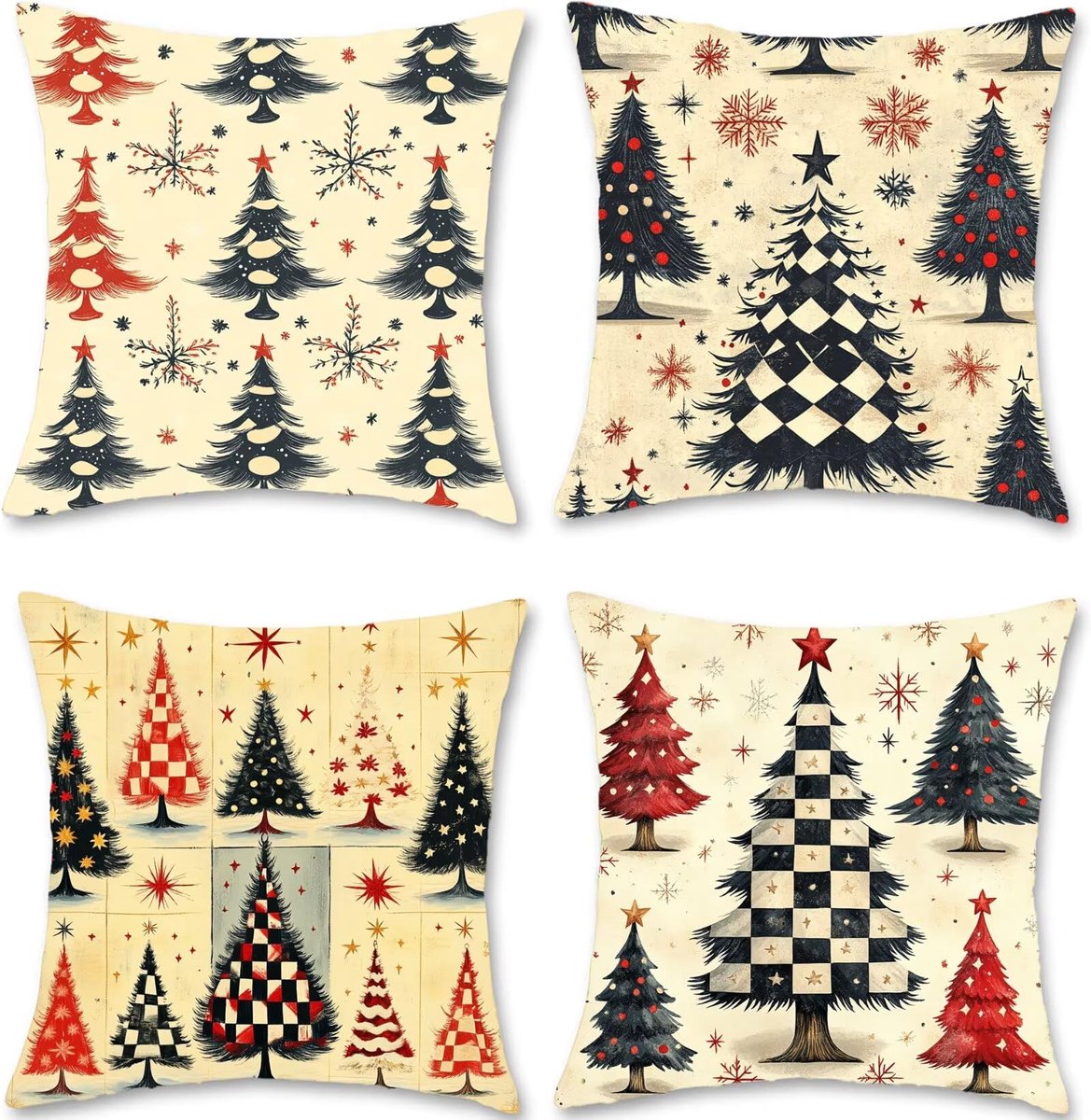 kussenhoezen, 50 x 50, set van 4 stuks, voor buiten, bank, linnen, kerstboom, vierkant, decoratieve sierkussenslopen met onzichtbare rits, kussenhoes voor slaapbank, woonkamer, woondecoratie S1