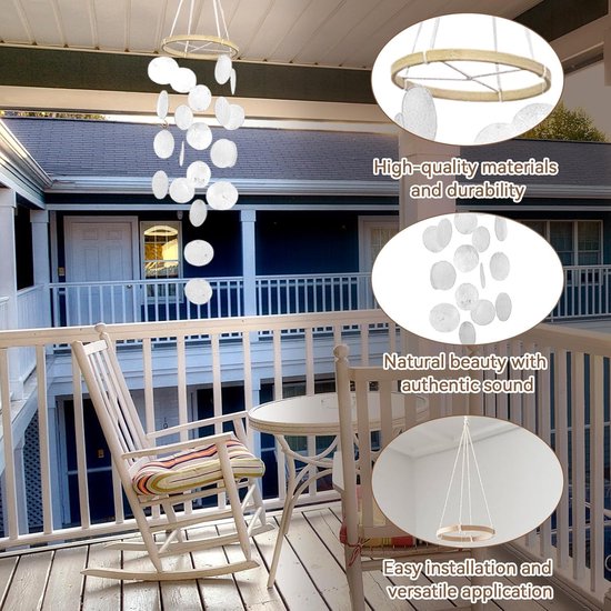 Windspel, vlinder-schelp, windgong, boho-decoratie, dromenvanger, parelmoer, windgong, tuindecoratie, schelp, ketting, slinger, decoratie voor raam, woonkamer, tuin, kamer, terras en balkon, wit — afbeelding 2