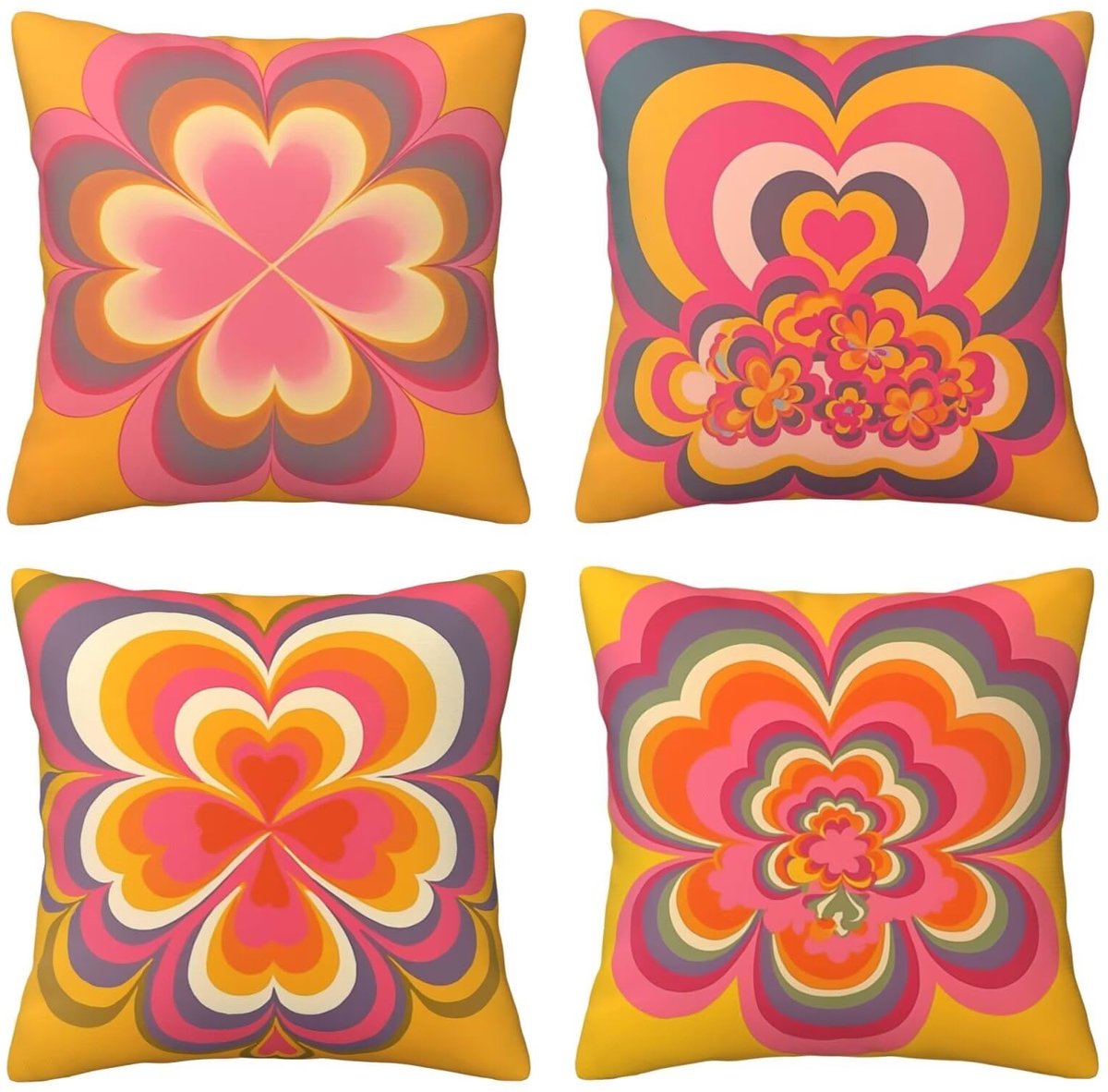 Set van 4 kussenhoezen, sierkussenhoezen, roze en gele bloemen, 65 x 65 cm, behaaglijk, kussenhoes met onzichtbare ritssluiting, zacht, wollig, bankkussen, wasbaar, voor terras, bank en woonkamer