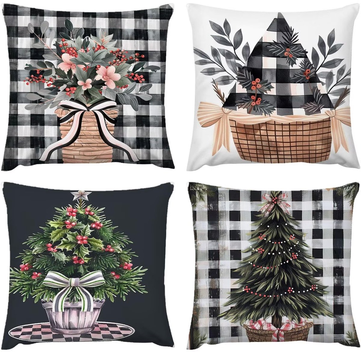 kussen, 80 x 80 cm, kussensloop, outdoor, waterdicht, kerstboom, zwart-wit, kussen, 4-delige set, verborgen rits, bankkussen, decoratief kussen, kussenovertrekken voor bank, woonkamer, C-417