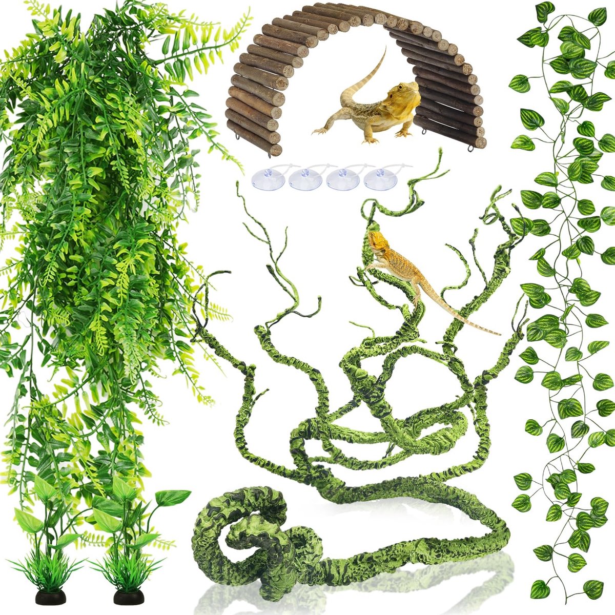Dailygoods - Reptielen Terrarium Decoratie - Kunstplanten en Houten Bruggen - Groen - Klimranken - Geschikt voor Hagedissen en Slangen - Terrarium Acc...