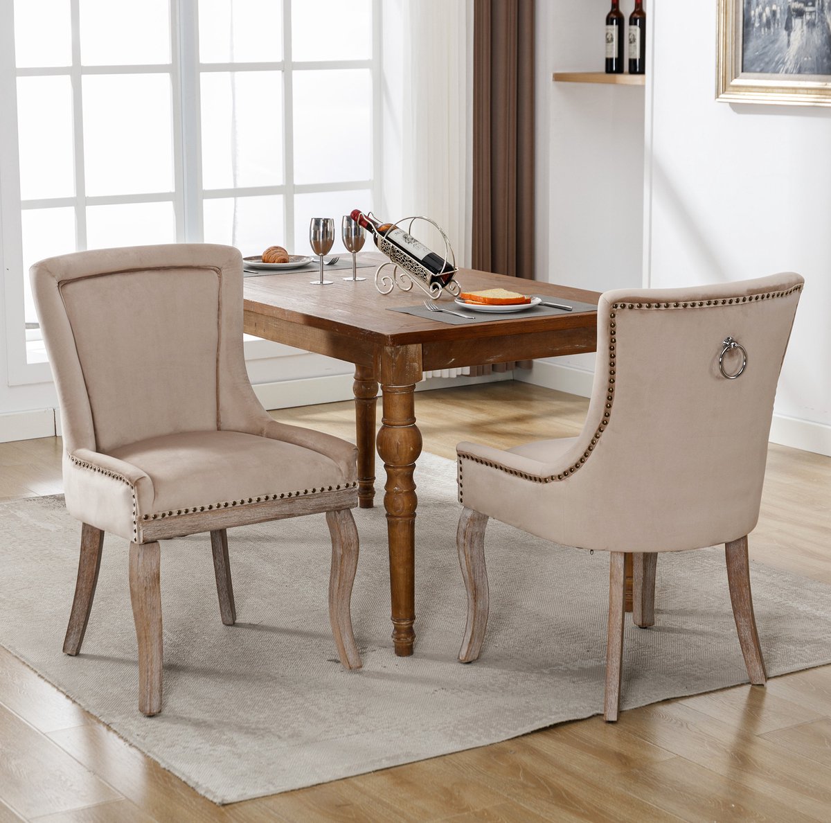 DESMIU Eetkamerstoel - 55 x 61 x 91 Cm - Set Van 2 Met Armleuningen, Hoge Rugleuning En Nagelkopdetails - Voor Eetkamer En Woonkamer - Velvet Beige
