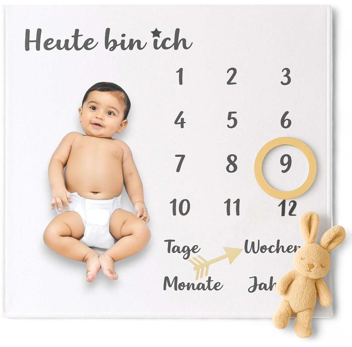 Dailygoods- Mijlpaaldeken 100 x 100 cm - Babydeken - Fotodeken - Achtergronddoek - Cadeau voor pasgeborenen - Zacht katoen met Duitse tekst