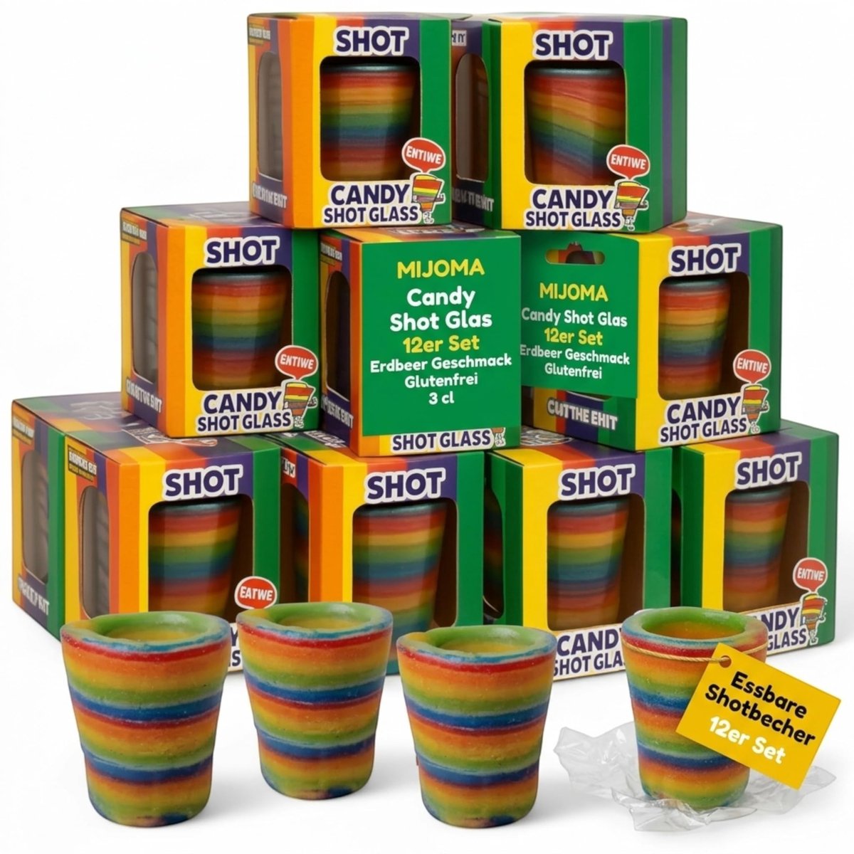 Dailygoods- Borrelglazen 12-delige set - Eetbare Glazen - Aardbeiensmaak - Regenboogkleuren - Glutenvrij - 3 cl Inhoud - Snoepglazen