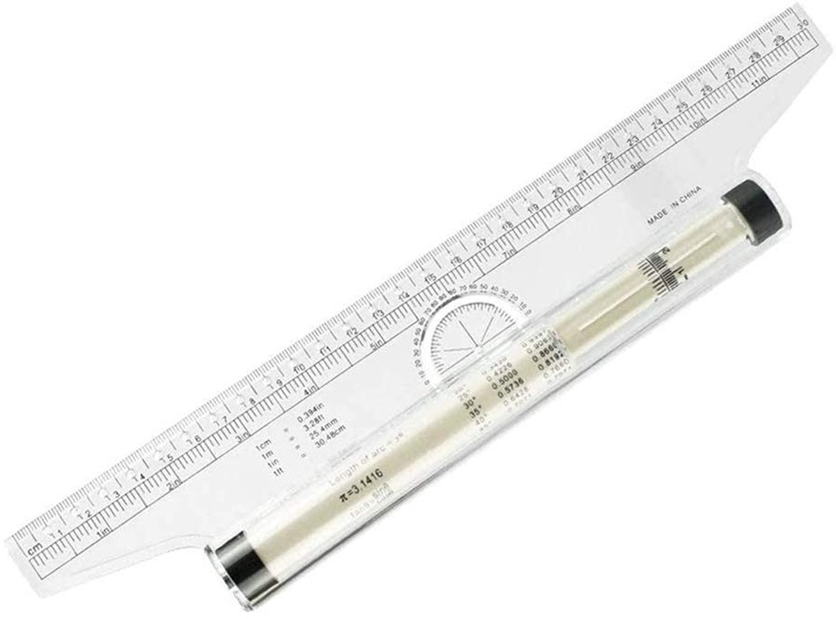 Dailygoods- Rolliniaal 30 cm - Multifunctionele Tekenhulp - Aluminium Rol - Transparante Lijn - Ingebouwde Gradenboog - Voor School/Kantoor - Tekenliniaal
