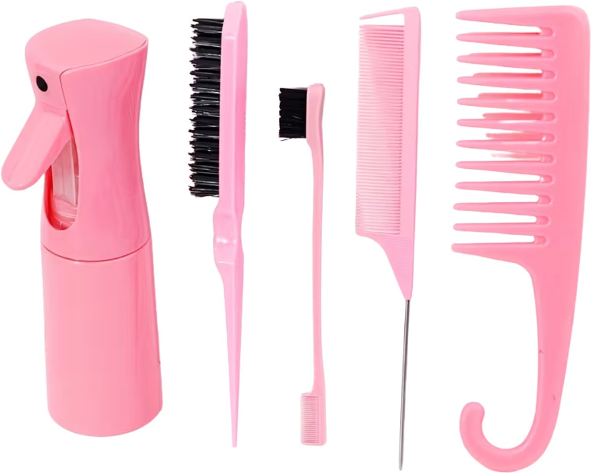 FA-VE Slick Back Set – 5-delige Haarstyling Set met Sprayfles – Slick Back Brush – Toupeerkam – Stylingborstel – Baby Hair Borstel – Roze