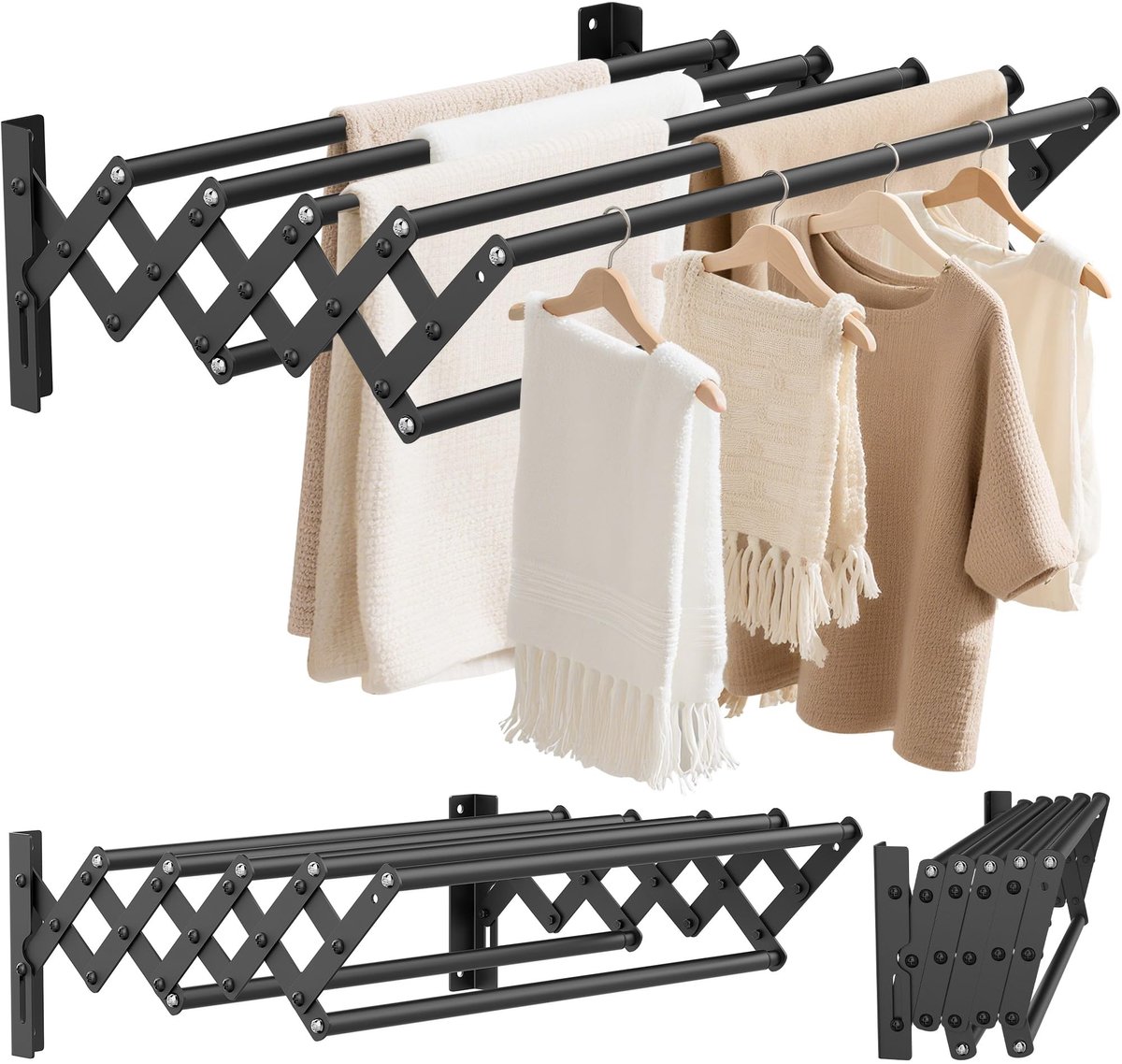 Dailygoods- Wanddroogrek roestvrij staal - Uittrekbaar 42-80 cm - Draagvermogen 26 kg - Zeven droogstangen - Ideaal voor binnen/buiten - Wasdroogrek
