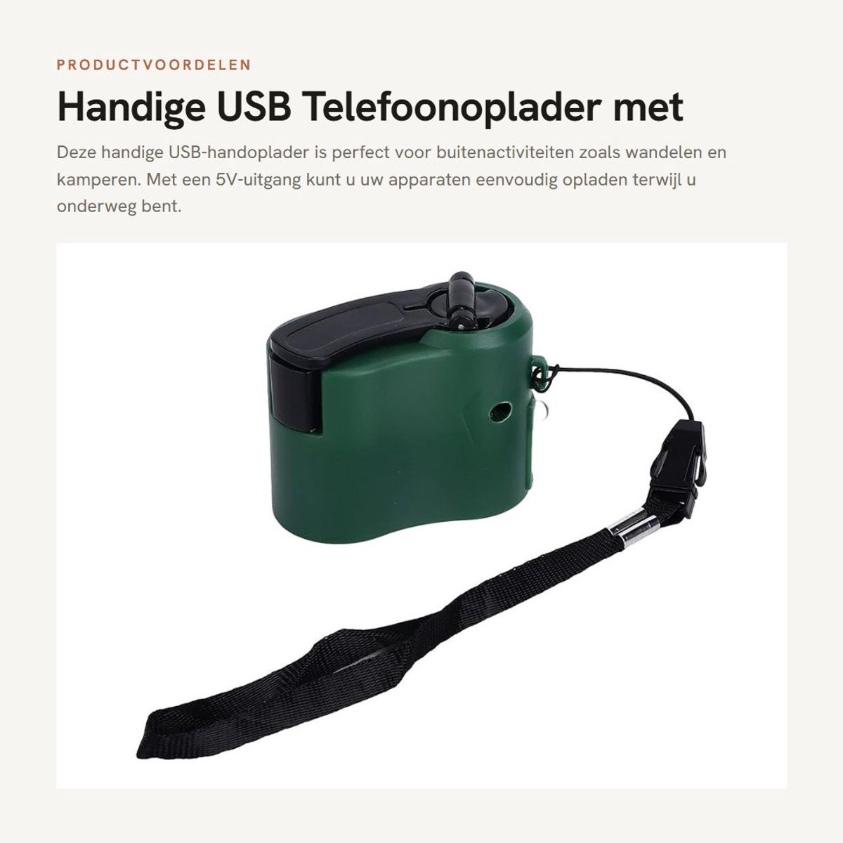 Dailygoods- Telefoonoplader 5V-uitgang - USB-handslingeroplader - Oplaadindicator - LED-licht - Voor wandelen/kamperen - Powerbank