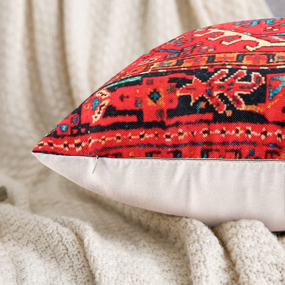 Kussenhoes 45 x 45 cm Set van 4 Rode Tribal Kussensloop Kleurrijke Kussenhoes Gedrukt Tapijtpatroon Bohemian Sofa Thuis Woonkamer Slaapkamer