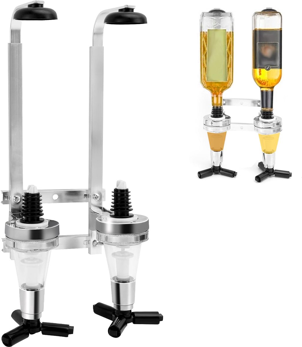wanddrankdispenser voor 2 flessen, dispenser met dubbele kop, flessenhouder, borreldispenser aluminiumlegering, voor gezinnen, bar, barkeeperliefhebbers