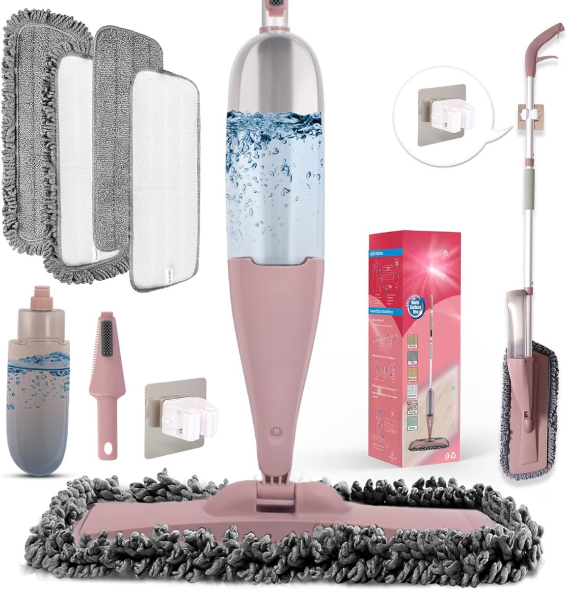 Florixa® Dweil met spray - Dweil - Mop - Roze - 42cm x 17cm x 125cm