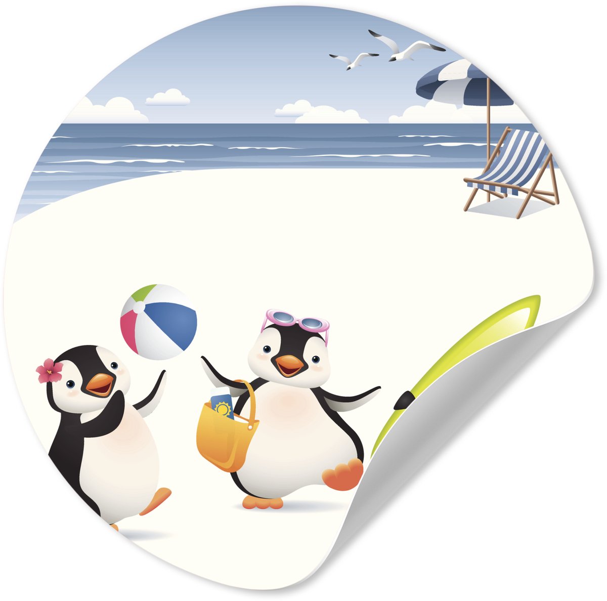 WallCircle Behangcirkel 120x120 cm - Muurstickers Illustratie van drie pinguïns die op het strand spelen - Muurcirkel woonkamer - Wandcirkel slaapkamer - Kamer decoratie zelfklevend - Muurdecoratie accessoires multicolor