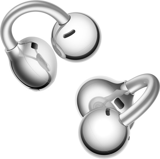 Twee zilverkleurige, half-in-ear oordopjes met bolvormige uiteinden en gebogen stelen.