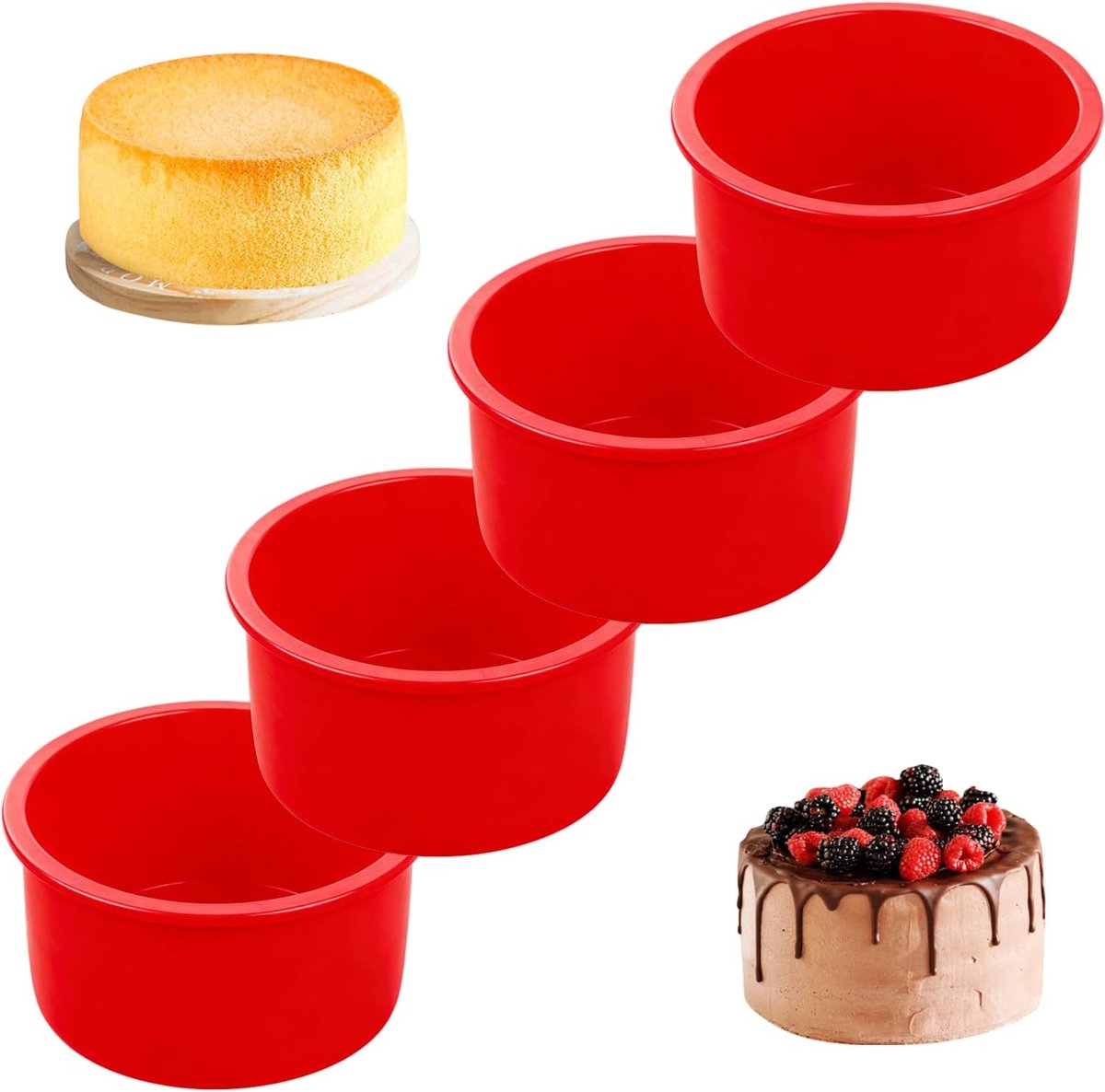 4 x taartvormen, rond, van siliconen, 10 cm, anti-aanbaklaag, snelsluiting, bakvorm voor taarten, brood, gebak (rood)