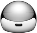Zilverkleurige, ovale oplaadcase van Huawei met een glanzende afwerking en een USB-C poort aan de onderkant.
