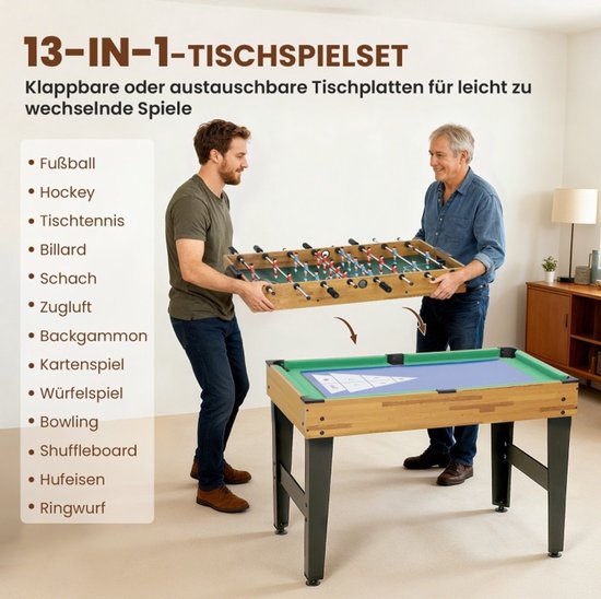 MEUNIQ 13-in-1 multifunctionele speltafel 121 x 109 x 80 cm met verwisselbare speelbladen, tafelvoetbal, biljart, tafeltennis en schaak voor speelkamer of woonkamer, Walnoot — afbeelding 4