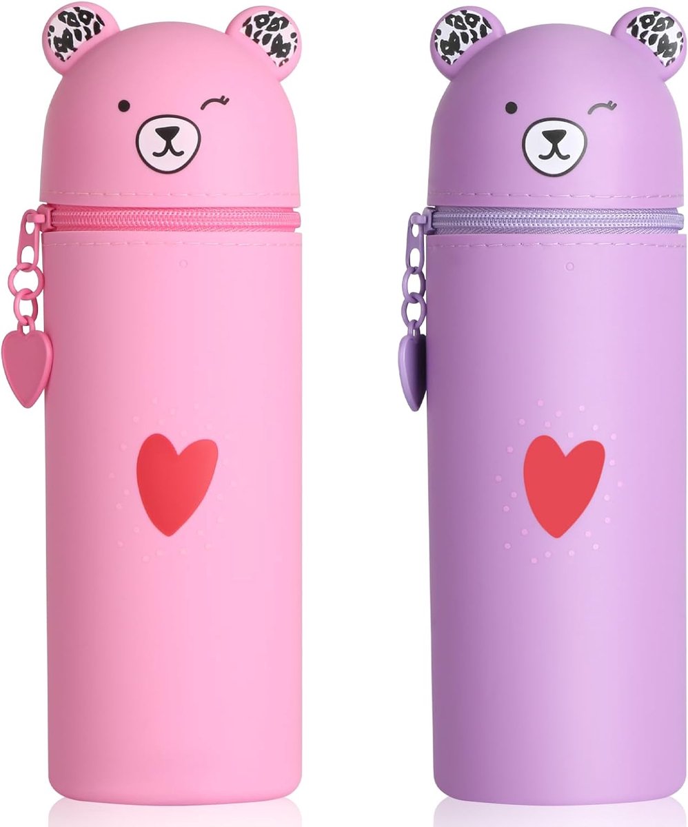2 stuks siliconen pennenetui, 2-in-1 beer-etui, 19,5 x 5,5 cm, schattig etui voor studenten, jongeren en volwassenen, roze, paars., Schattige cartoon