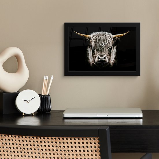 Cadre photo avec affiche Zwart Wit- Scottish Highlander - Or - Cornes - Zwart Blanc - Vache - Animaux - 30x20 cm - Cadre pour affiche
