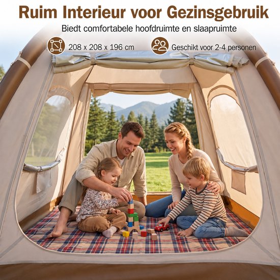 Opblaasbare tent - pblaasbare glamping tent - Waterdicht - Tot 4 personen - Khaki - Camping - Tuin - Glamping - 208 L x 208 B x 196 H cm — afbeelding 4